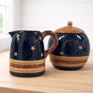 Patriotic Americana Pottery Creamer Sugar Bowl Set Stars Blue Farmhouse 5”
